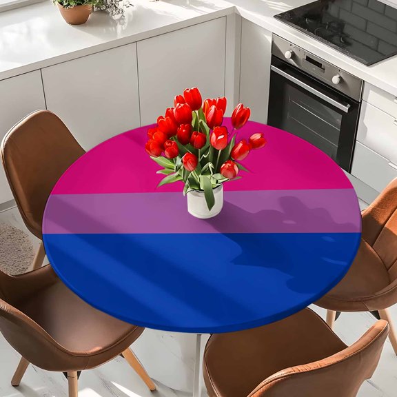 Rose Red Purple Blue Stripes Elastic Fitted Round Tablecloth Abstract Lines Waterproof Outdoor Table Cover for Holiday Party, Picnic, Patio & Dining Fits Tables Up to 55"-60"