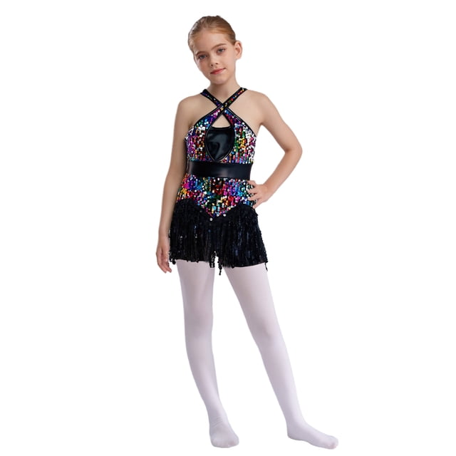 iefiel Jupe Tutu de Danse Jazz Latine à Sequins à Franges pour Filles, Tango Moderne, Danse de Salon Colorée 6