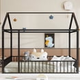 thumbnail image 3 of Bellemave Full Size Montessori House Bed, Metal Floor Bed with Guardrails and Roof, Playhouse for Kids Teens Girls Boys (Black), 3 of 8