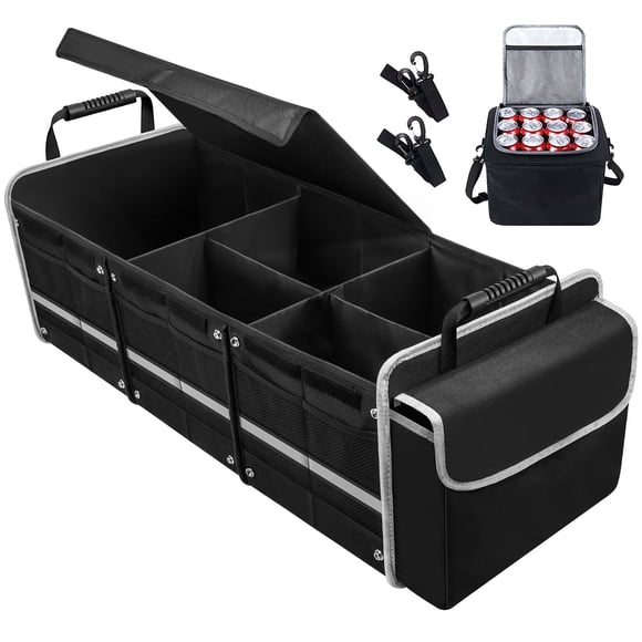 Organizador de Almacenamiento para Automóvil, Organizador de Maletero de SUV Plegable con Múltiples Compartimentos y Bolsa Aislante a Prueba de Fugas, Correas de Sujeción Ajustables, Cubierta Plegabl