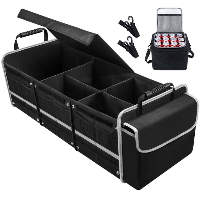 Organizador de Almacenamiento para Automóvil, Organizador de Maletero de SUV Plegable con Múltiples Compartimentos y Bolsa Aislante a Prueba de Fugas, Correas de Sujeción Ajustables, Cubierta Plegabl
