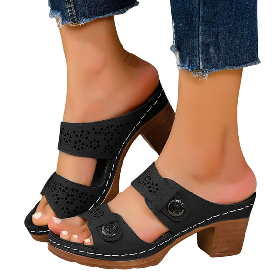 Mepaouo Womens Heeled Sandals Platform Chunky Heels Open Toe Slides Wedding Party Dress Shoes Black 6.5