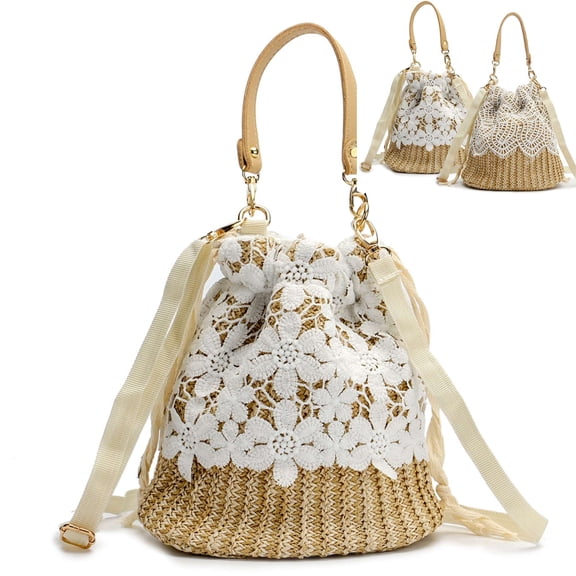 Gustave Straw Beach Bag Crossbody Handbag for Women Summer Boho Lace Woven Tote Purse Top Handle Bucket Shoulder Bag Satchel with Drawstring