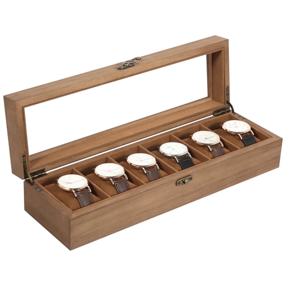 Vowella 6-Slot Solid Wood Watch Box for Men, Watch Display Case with Glass Top & Velvet Lining, Ideal Gift for Watch Lovers, Brown