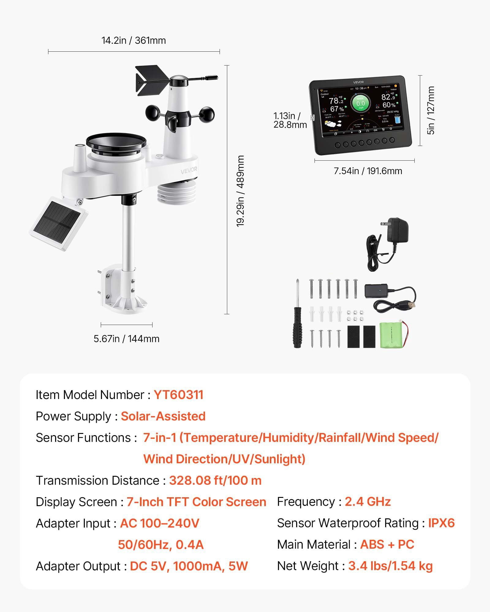 7-in-1 Wi-Fi Weather Station with 7-Inch TFT Display Wireless Solar Powered Outdoor Sensor Rain Gauge Indoor Outdoor Weather Forecast Wind Speed Direction Temperature Humidity Rainfall