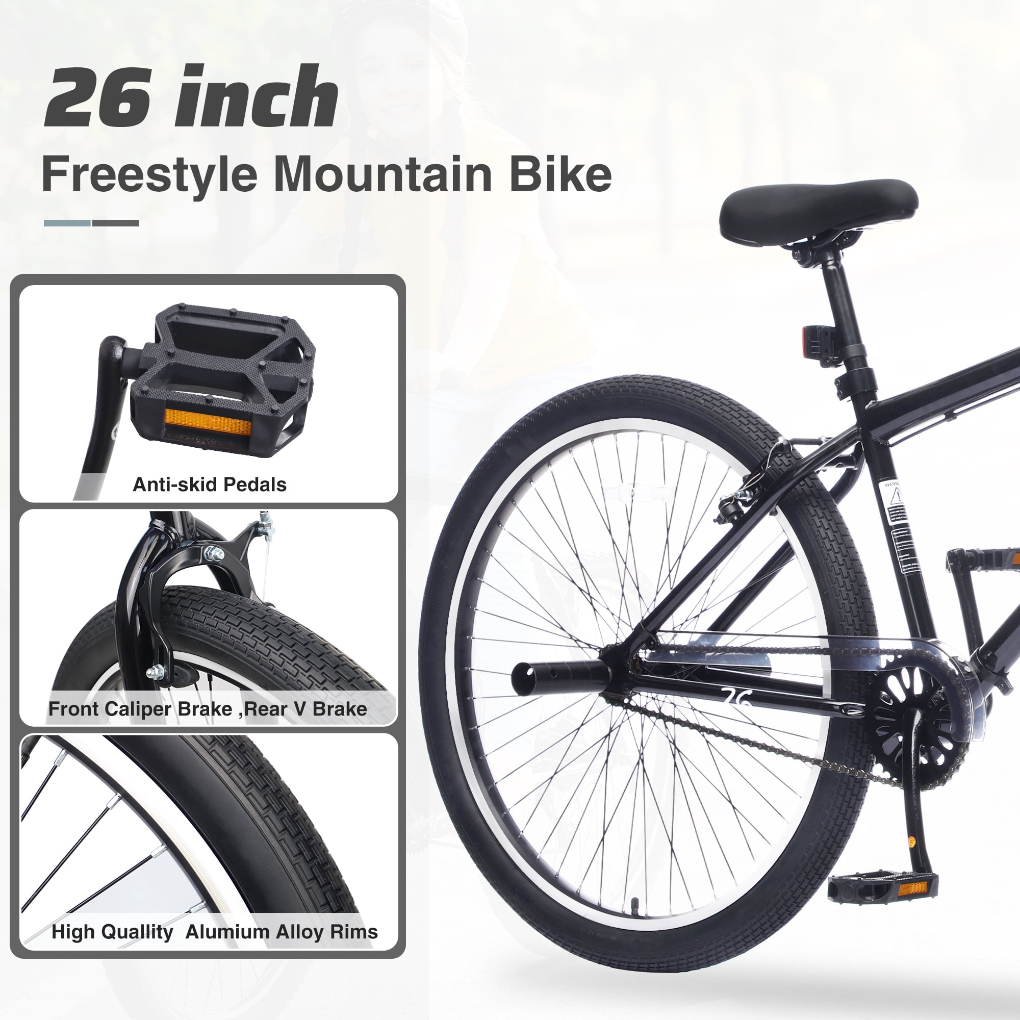 Baprem 26" Freestyle Bike with 2 Pegs, Comfort Steel Frame BMX Mountain Bike, Single Speed City Bike Bicycle with Dual Brake, Black