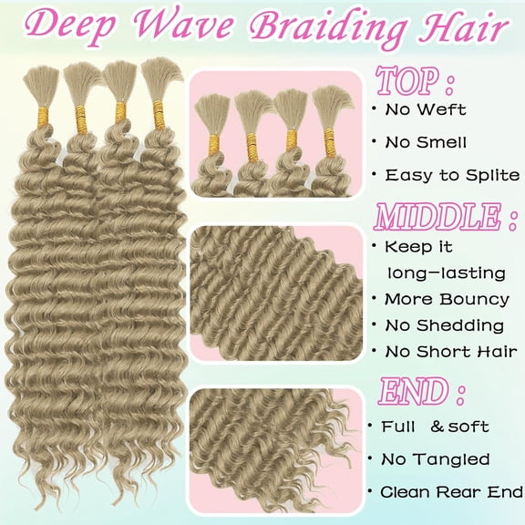 WEIF-Human Braiding Hair Mix Synthetic Boho Hair for Braiding, 20 Inch 240g Boho Braids 4 Bundles Wet and Wavy Curly Deep Wave Bulk Bohemian Extensions for Black Women (613, 20 Inch)