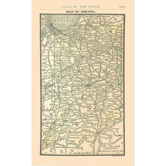Historic State Map - Indiana - Alden 1886 - 23 x 37.08 - Vintage Wall Art