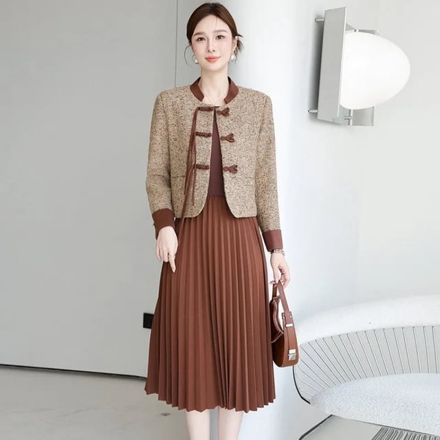 Conjunto de chaqueta cárdigan de mujer estilo tweed étnico 2024 con falda de largo medio y vestido de capa base para madre