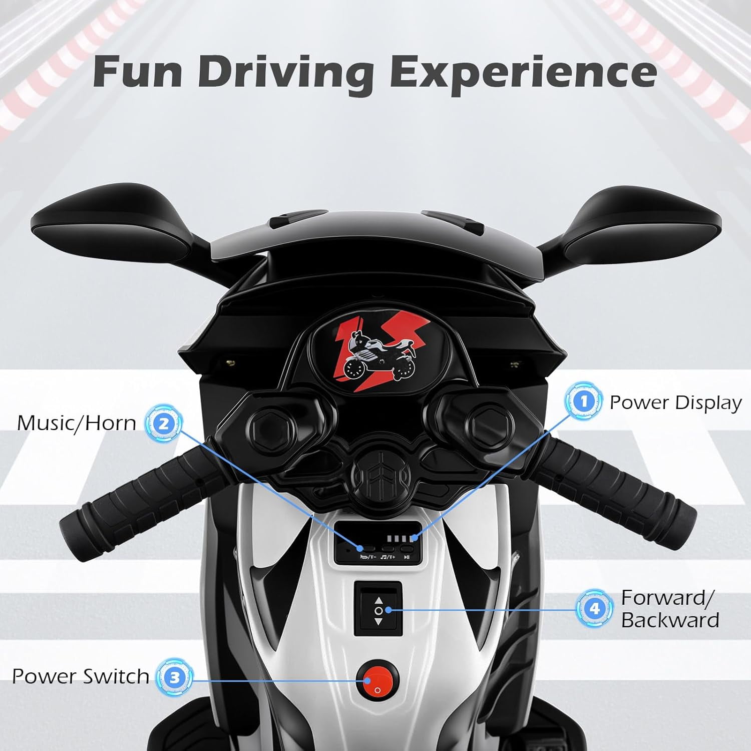 OLAKIDS 6V Kids Motorcycle with Training Wheels, Horn, Music, Headlight for Boys Girls Aged 3+ Years