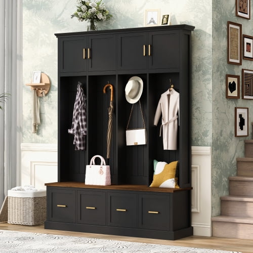 U-Can Farmhouse Entryway Hall Tree with Coat Hooks, Cabinets and Drawers, with Wood Accents and Gold Hardware, Black
