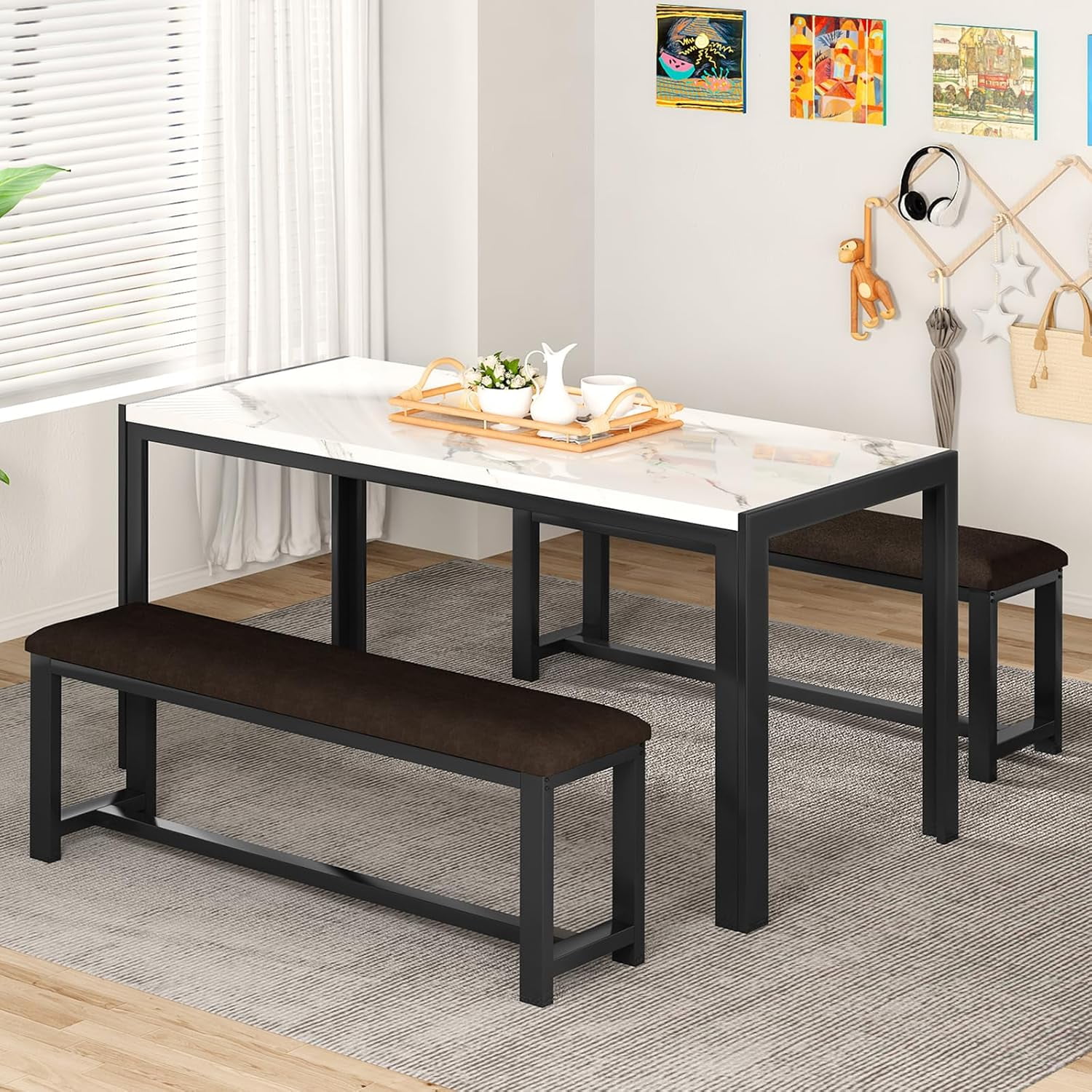 LTTROMAT Dining Table Set for 4, Faux Marble Kitchen Table Set with 2 PU Leather Benches, Breakfast Nook Set for Small Spaces, 3 Piece Farmhouse Dining Room Table Set, White