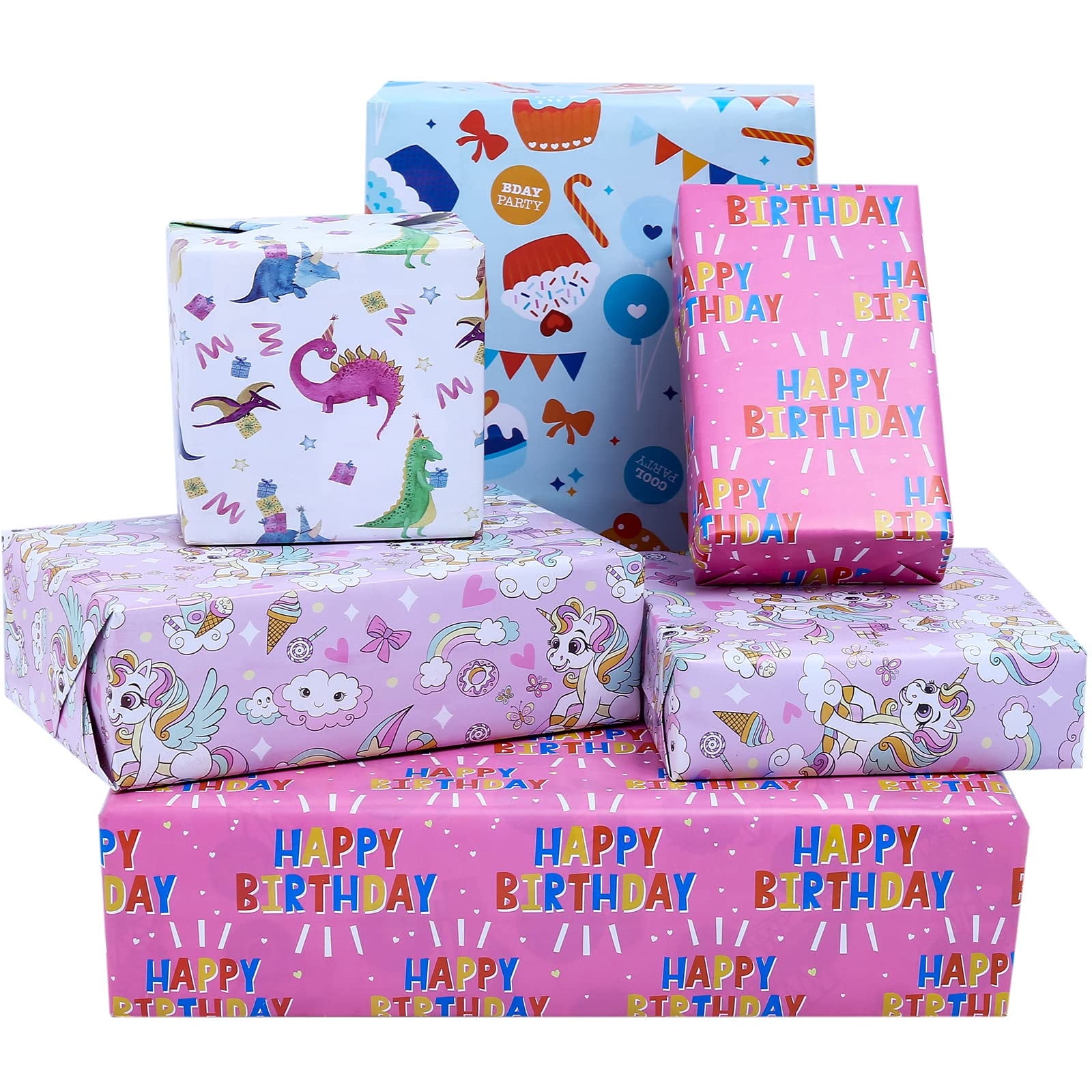 Birthday Wrapping Paper for Boys Girls Kids - Dinosaur Unicorn Gift Wrap Paper for Party Baby Shower - 10 Sheets, 20 x 29 inch