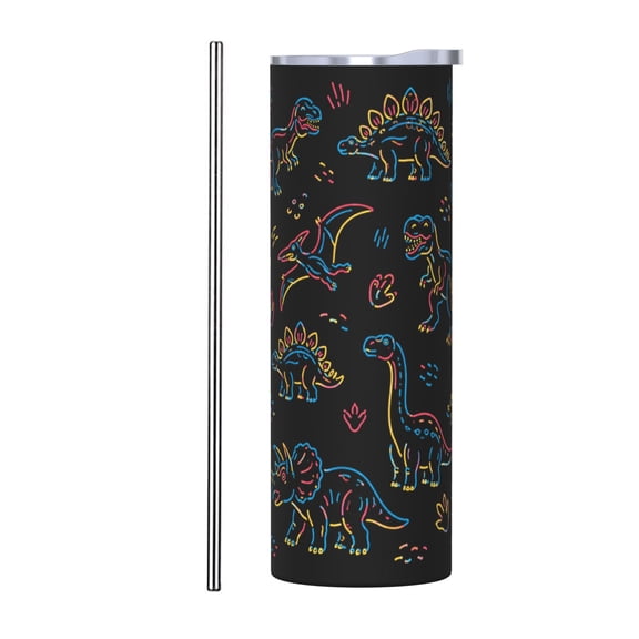 20oz Neon Dinosaur Tumbler with Handle and Straw Colorful Dino Pattern Stainless Steel Insulated Travel Coffee Cup Gift with Stainless Steel Straw