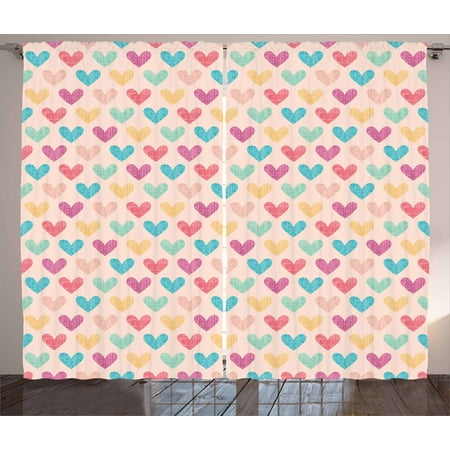 Valentines Curtains 2 Panels Set, Weathered Looking Colorful Hearts on a Peach Background Nostalgic Fun Design, Window Drapes for Living Room Bedroom, 108W X 108L Inches, Multicolor, by