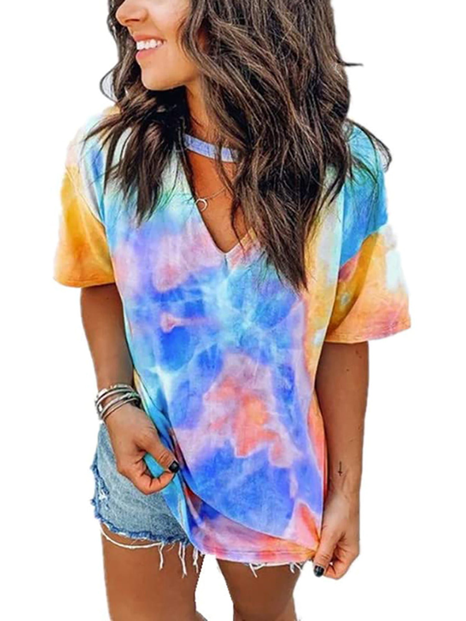 Women Tie-dye Print Short Sleeve T-Shirt Summer Casual V-Neck Loose Colorblock Pullover Tee Tops Blouse
