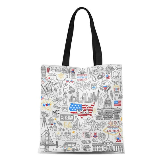 HATIART Canvas Tote Bag Usa Outline United States of America Popular Symbols Reusable Shoulder Grocery Shopping Bags Handbag