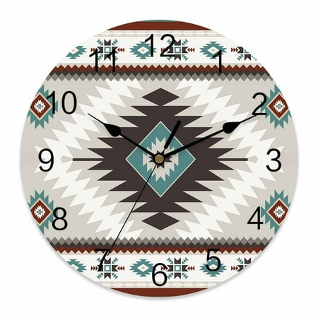 Wall Clock Brown Bohemian Clocks PVC Silent Non-Ticking Battery Operated Decorative Aztec Boho Tribal Style Round Clock for Home Living Room Kitchen Bedroom Office School Wall Decor 10 Inch