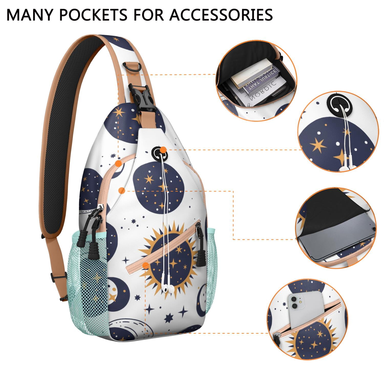 Celestial Sling Bag for Men & Women Gothic Black and Gold Moon Crossbody Bag with Anti-Theft Design Spacious Travel Daypack for Hiking, Biking, Outdoor Adventures