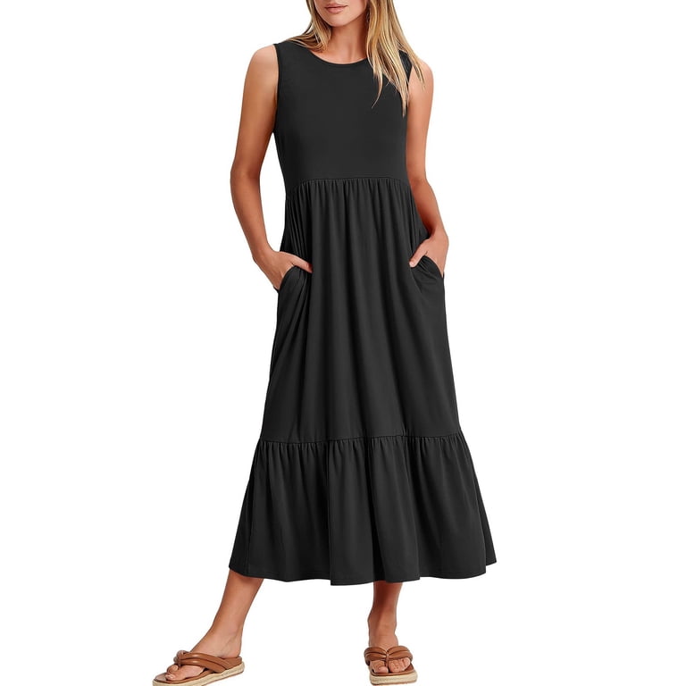 Summer Casual Dresses for Tall Women Spaghetti Strap Sleeveless Maxi Dress  Ruffle Ruched Long Dress with Pockets - Walmart.com