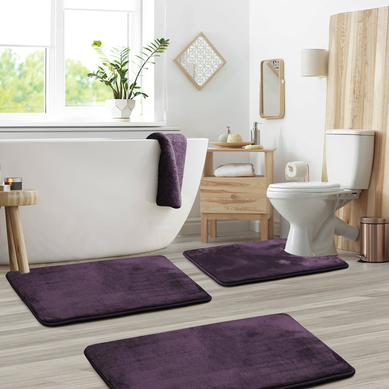 Clara Clark 3 Piece Premium Memory Foam Bathroom Mat Set - includes 20x32,  17x24 , Contour Bath Rug, Absorbent Floor Mats, Eggplant