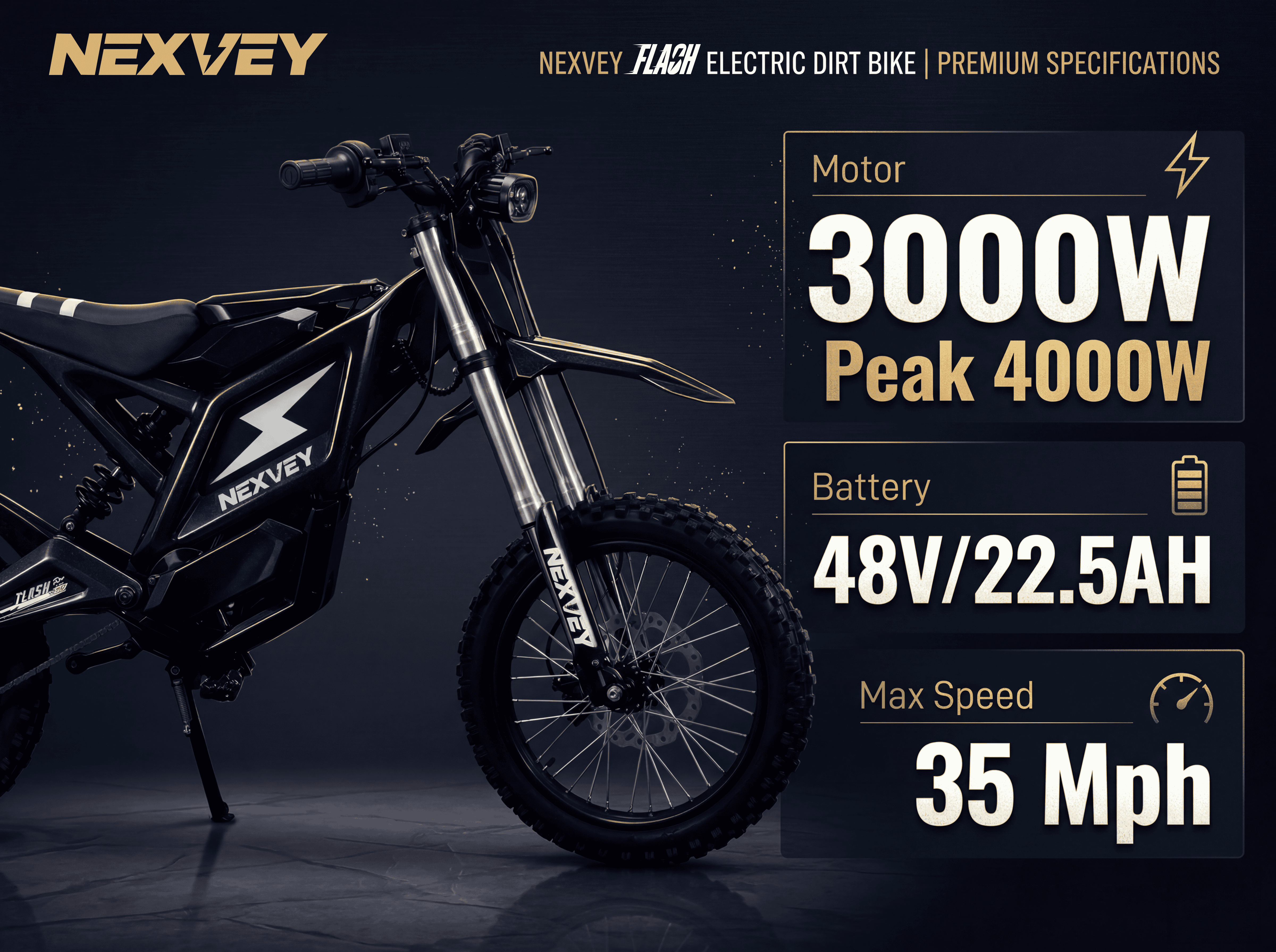 Nexvey Flash Electric Dirt Bike, 4000W Peak, 48V 22.5AH Battery, 35MPH, 35Mi Range, Wheelie Assist, Dual Suspension & Brakes, off Road Ebike for Teens 13+