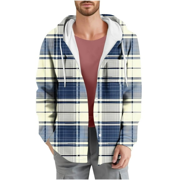 Casual Mens Jacket Plaid Check Print Pocket Long Sleeved Button Hooded Fall And Winter Coats 2025