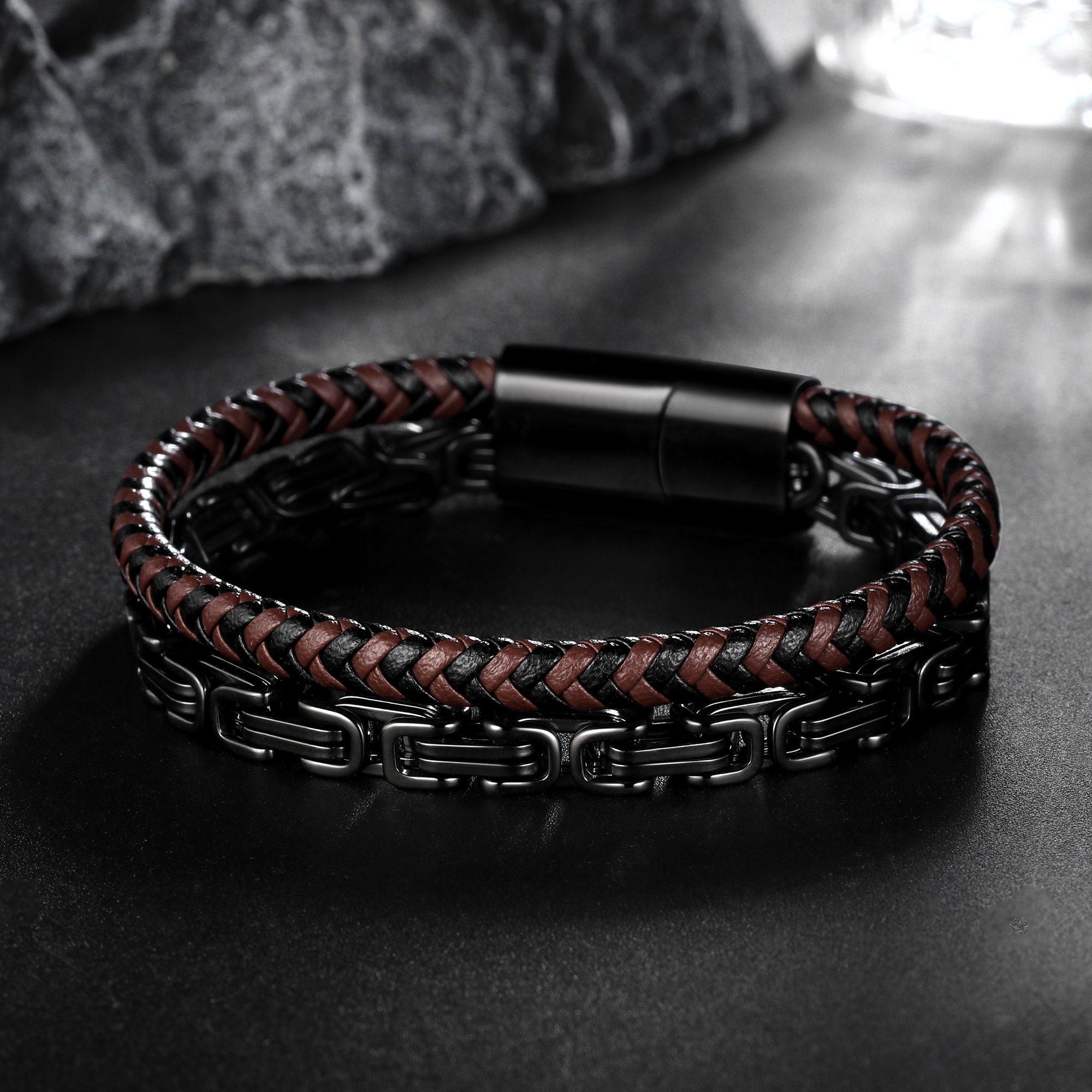 Jewmon Men's Black Stainless Steel and Leather Link Bracelet photo 3