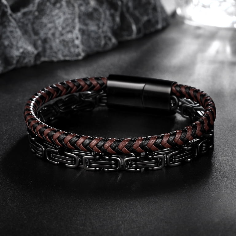 Jewmon Men's Black Leather and Stainless Steel Bracelet, Magnetic