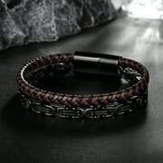Jewmon Mens Bracelet Black Link Stainlee Steel and Leather Bracelet for Men Son and Dads Gift