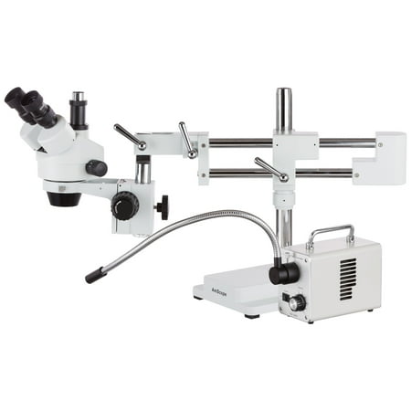AmScope 7X-45X Zoom Stereo Trinocular Microscope on Dual-Arm Boom Stand with LED Fiber Optic Light New