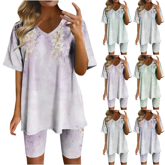 GERsome Womens 2 Piece Outfits Short Sleeve V Neck Tops Set Matching Biker Shorts Loungewear Tracksuit Lounge Sets S-3XL