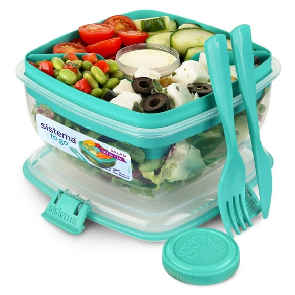Sistema Salad TO GO | Lunch Box with Individual Compartments, Travel Cutlery & Dressing Pot| 1.1L | BPA-Free | Minty Teal [21356-53C]