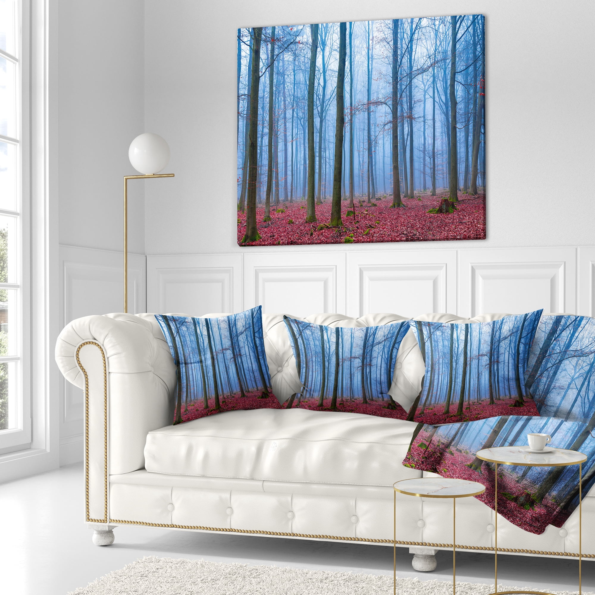 Designart Foggy Forest in Blue and Pink Photo - Modern Forest Throw Pillow - 18x18