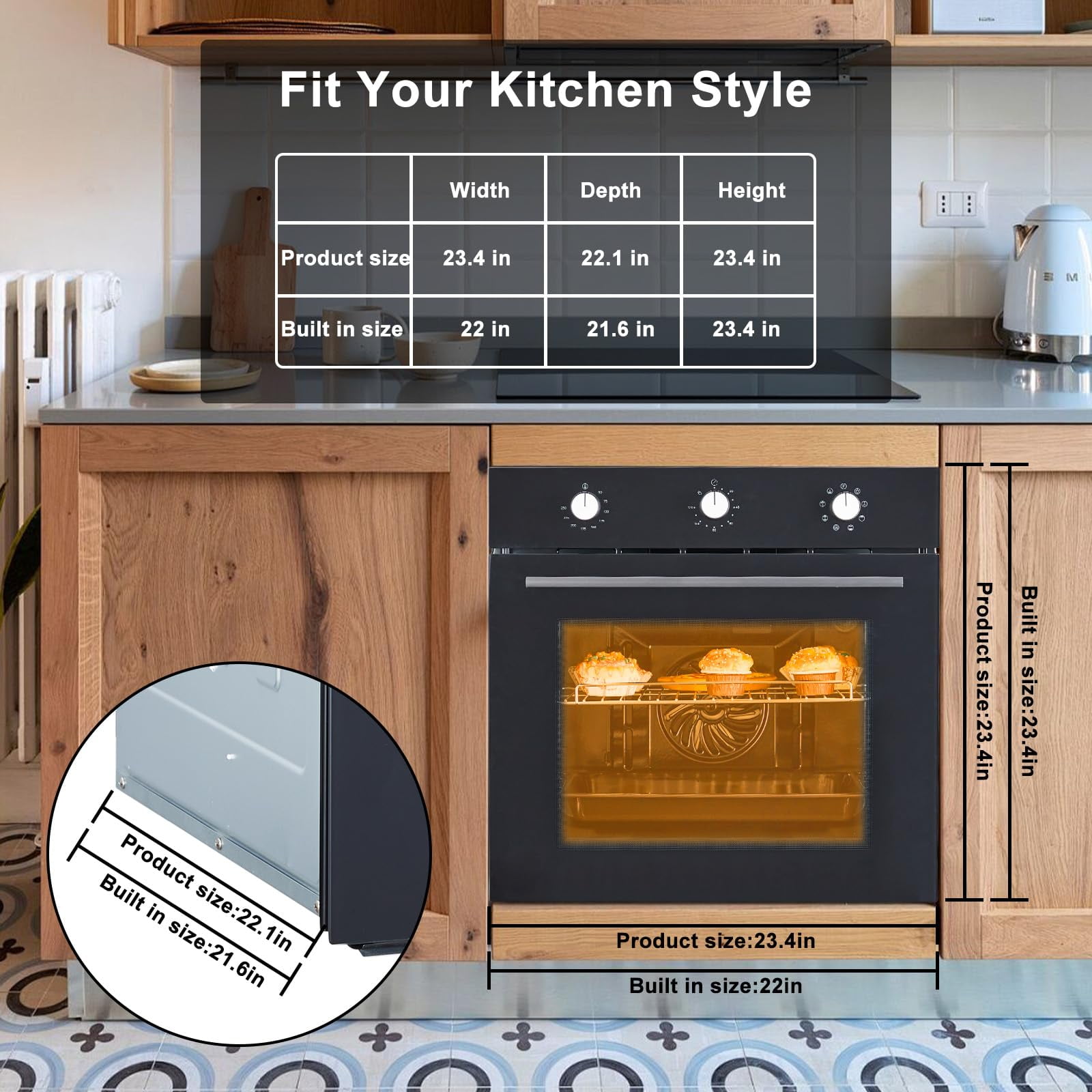 2025 New Single Wall Oven 24", Built-in Electric Ovens with 8 Cooking Mode, 3000W, 240V, 2.5 CF Convection Built-in Oven, Stainless Steel, Mechanical Knob Control, Transparent Window