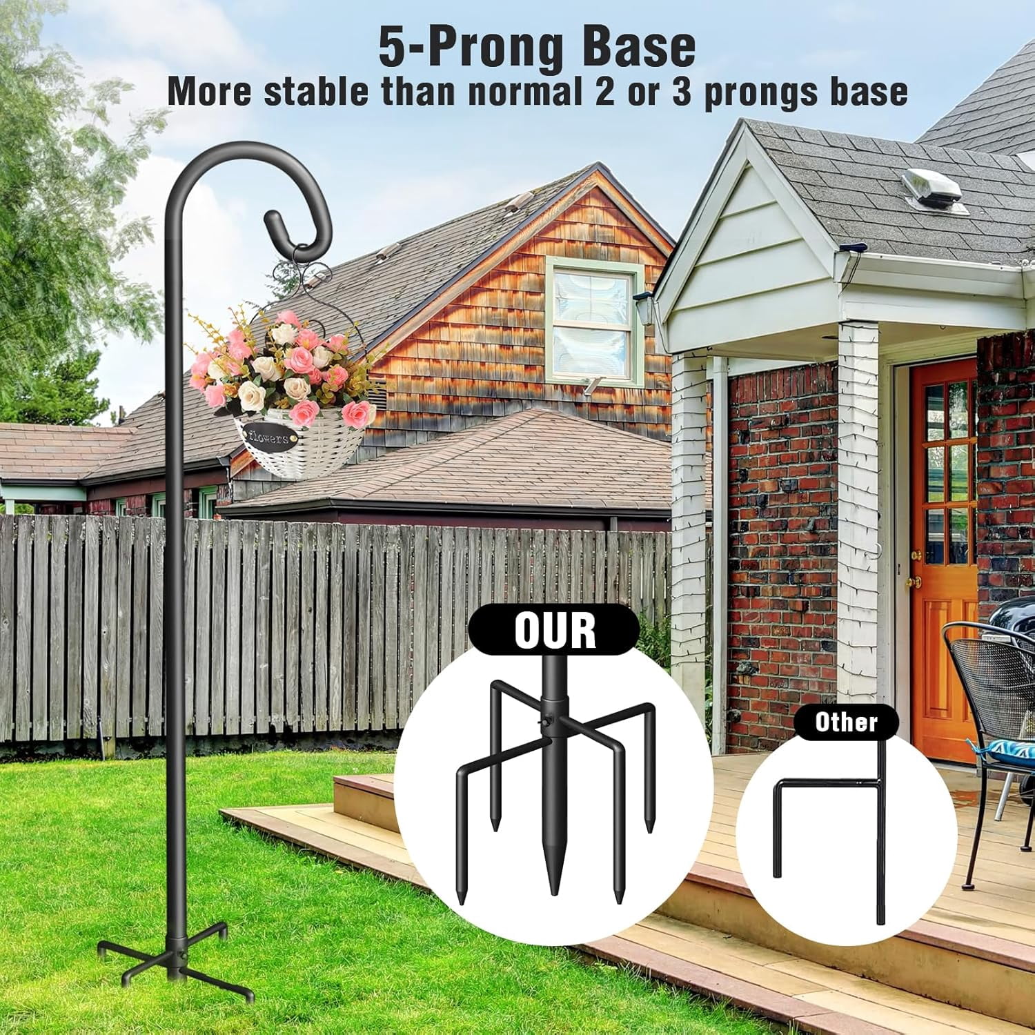Shepherd Hook for Outdoor, Heavy Duty Bird Feeder Pole with 5 Prong Base, Adjustable Height Bird Feeder Stand Ideal for Hanging Bird Feeders, Plant, and Garden Decorations