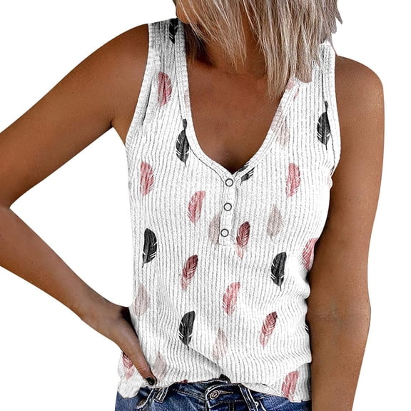 Wang6 Womens Plus Size Tank Tops Summer Ribbed Button up Sleeveless Shirts Causal Slim Fit Feather Printed Tunic T Shirts Tees Pink2 XL