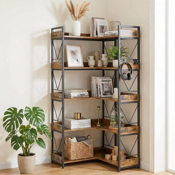 EDX 5-Tier Corner Shelf, 65'' L-Shaped Display Bookshelf , Industrial Wooden Bookcase with Metal Frame for Home , Office, Rustic Brown