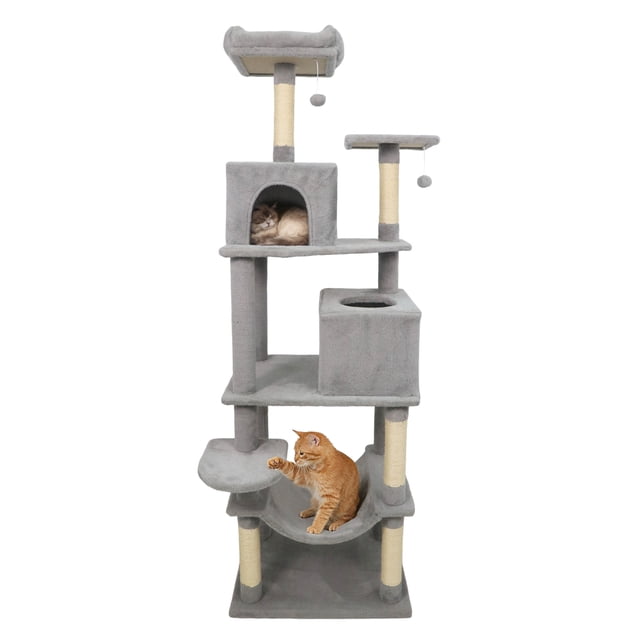 Costway 70" Cat Tree for Indoor Cats with Padded Top Perch, Dual Condos, Hammock, Platforms Light Gray
