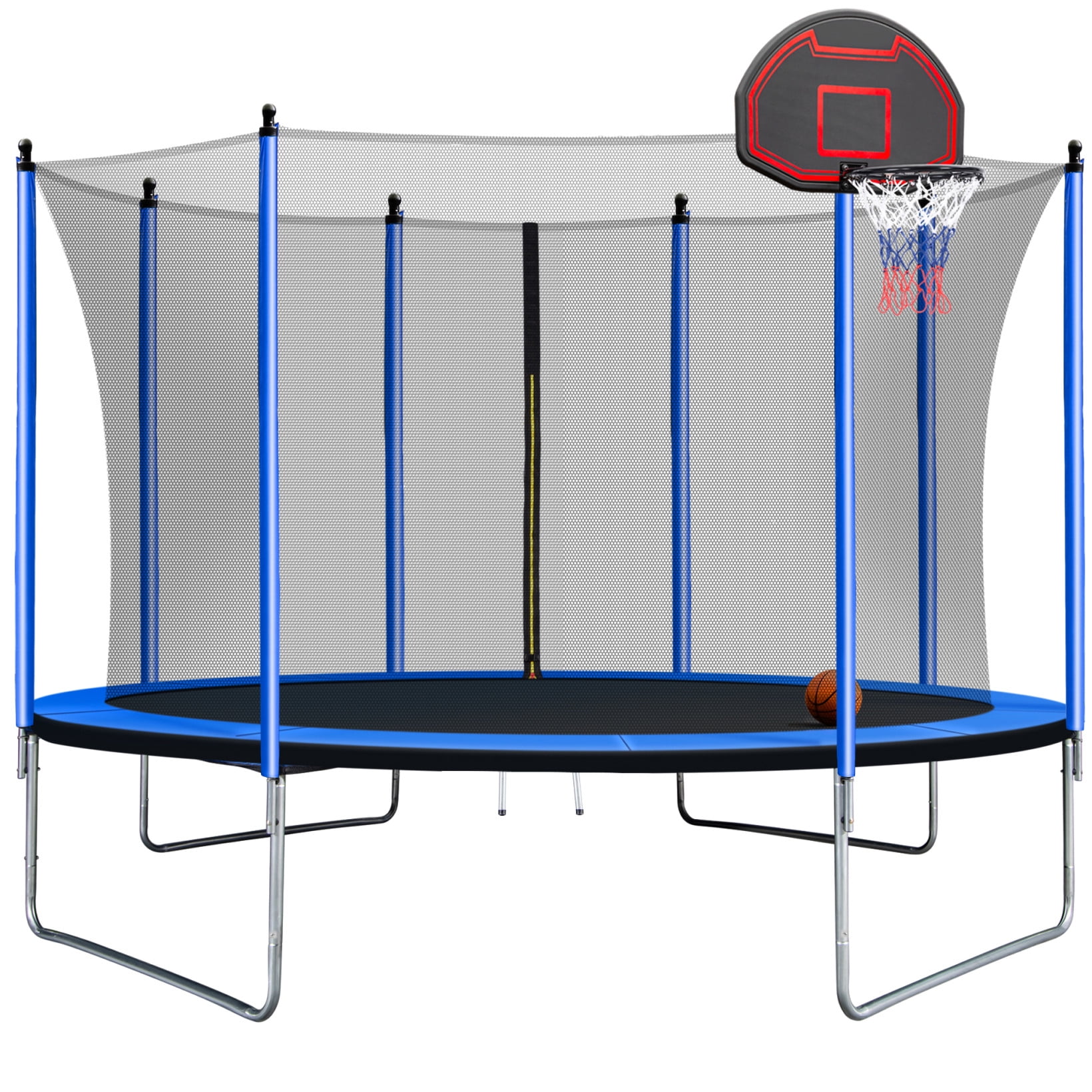 10FT Trampoline with Basketball Hoop Inflator,Outdoor Trampoline with Ladder and Inner Safety Enclosure for Kids,Blue