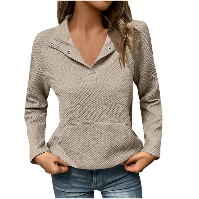 aidice Womens Sweatshirts Lapel Neck Button Long Sleeve Texture Fall Pullover Tops with Kangaroo Pockets