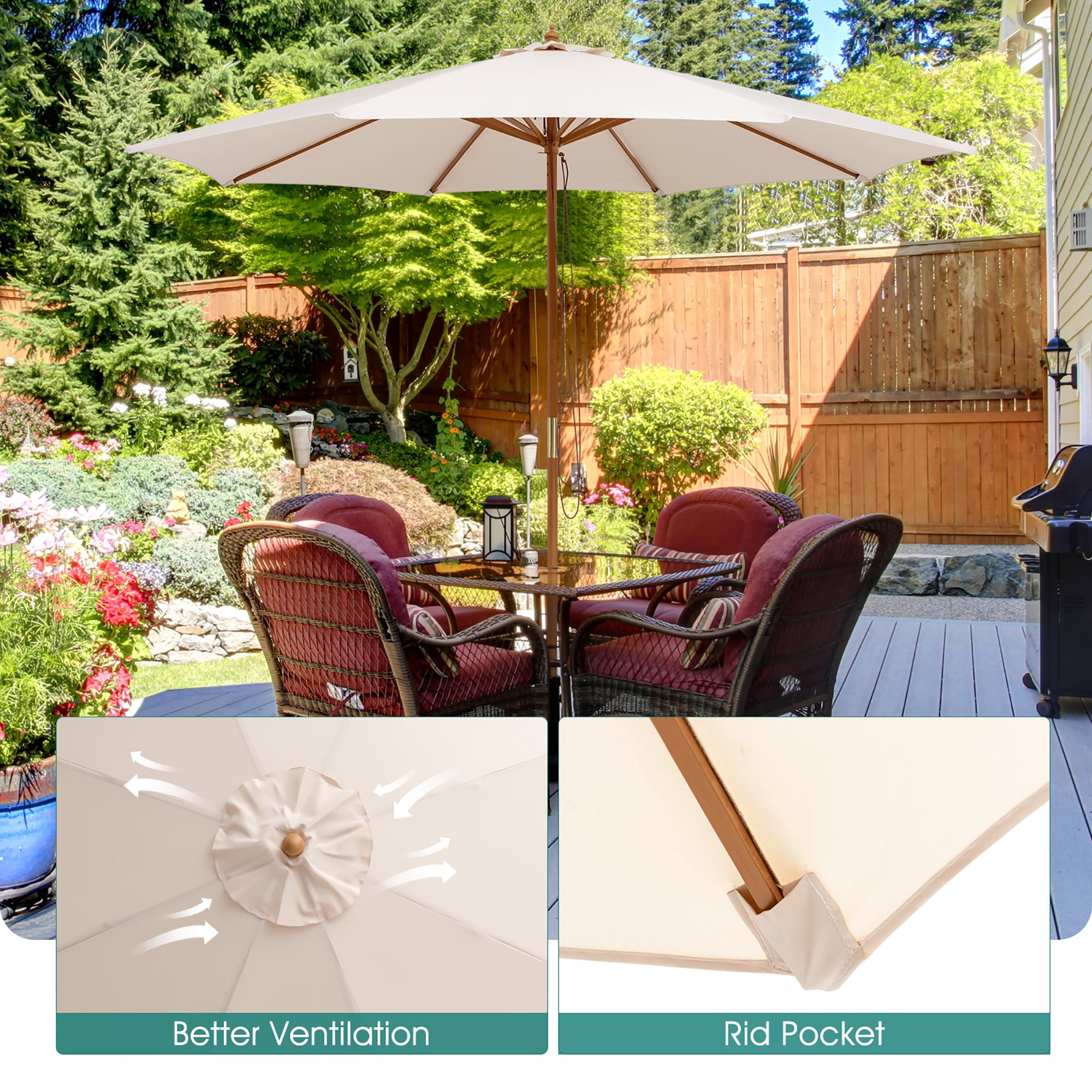 Gymax 10FT Patio Umbrella Table Market Umbrella w/ 8 Bamboo Ribs Pulley Lift & Ventilation Hole