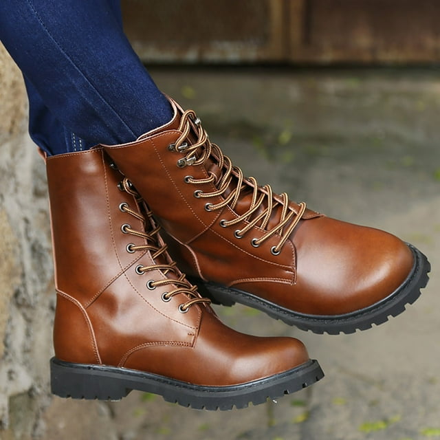 LSLJS Chaussures en Cuir pour Hommes, Chaussures en Cuir pour Hommes Mode Décontractée Style Britannique Couleur Unie Bout Rond Rétro à Lacets Résistance à l'Abrasion Antidérapantes Chaudes Chevalier Cowboy
