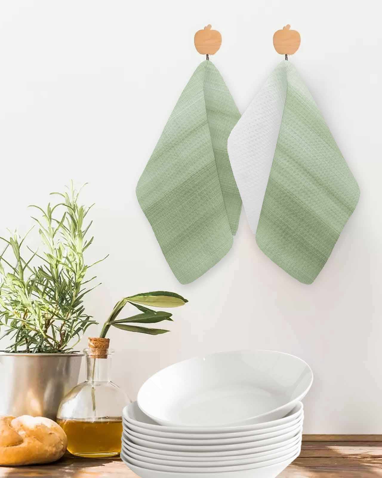 Sage Green White Ombre Kitchen Dish Towels for Drying Dishes Set of 4, Country Modern Stripes Lines Waffle Weave Microfiber Terry Hand Tea Bathroom Towels Quick Dry & Absorbent Towel 12x12