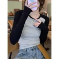thumbnail image 3 of Camisetas de manga larga para mujer, clásicas, con paneles, combinables, ajustadas, suaves, nuevas, estilo coreano, para tiempo libre, cuello redondo, ropa de calle, populares, suaves, Ins, 3 of 6