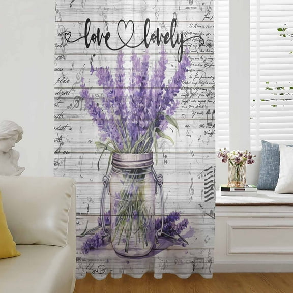 Purple Spring Floral Semi Sheer Curtains Drapes for Living Room, Bedroom, French Doors Window 84 Inches Long, Lavender Vintage Summer Botanical Rod Pocket Chiffon Curtain Drapery Voile Drape Panel