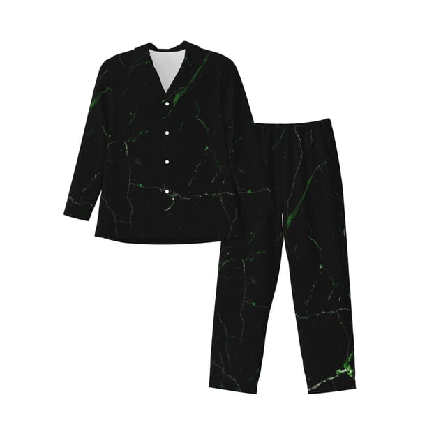 Fotbe Black Marble Pijama de Hombre con Estampado de Manga Larga, Conjunto de 2 Piezas, Ropa de Dormir Suave y Cómoda con Bolsillos-Large