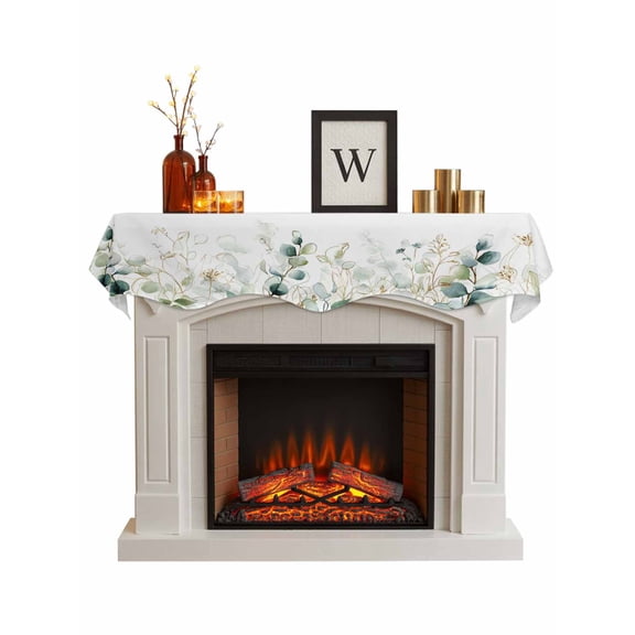 Eucalyptus Leaves Fireplace Mantle Scarf, Watercolor Sage Green Gold Branches Mantel Cover Table Runner for Home Living Room Door Window, Indoor Outdoor Holiday Party Decor 17" x 70"