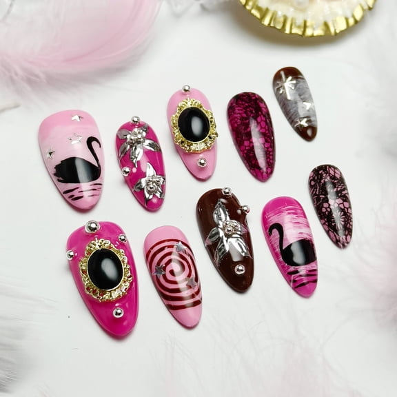 Original Handmade Y2K Press-On Nails - Bold Pink & Red Fake Nails with Swan & Black Gem Accents, Artisan-Crafted Edgy Personalized Decorative Nails, Retro Y2K Style Nail Sets for Unique Styling