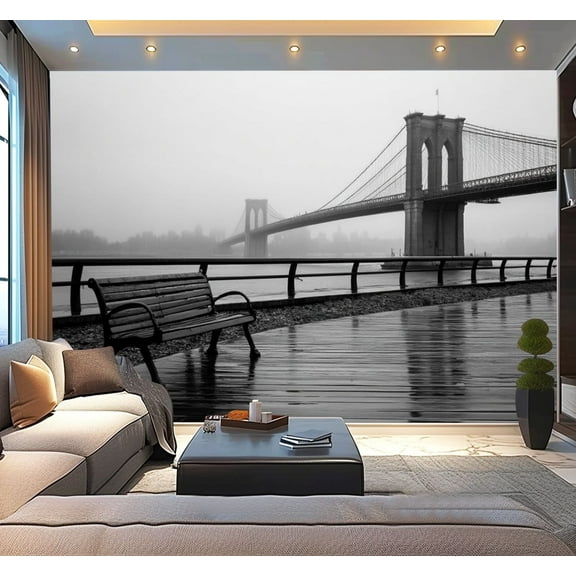 Peel and Stick Wallpaper New York City Empty Benches Wooden Boardwalk Metal Railings Bridge Modern Art Wall Mural Decor Self Adhesive and Removable 100in x 144in